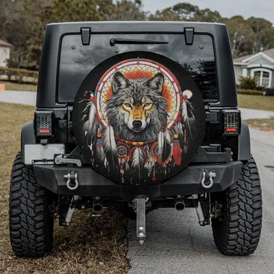 Wolf Dreamcatcher Spare Tire Cover, Native American Feather Design, Spiritual Animal Art, Tribal Boho Style Car Accessory Spare Tire Cover