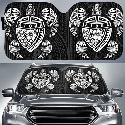 White Hawaii Map Turtle Ohana Hibiscus Kakau Polynesian Printed Car Sun Shade Cover Auto Windshields PrintSyde