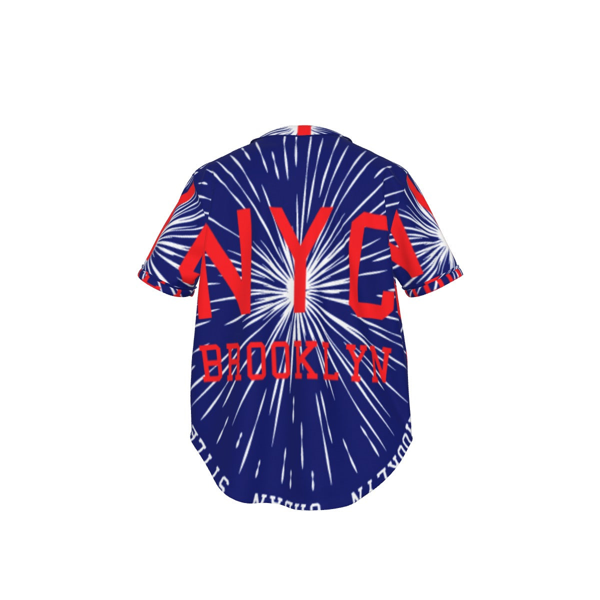 NYC Brooklyn Shirt – Red Letter Graphic on Blue Starburst Baseball Jersey