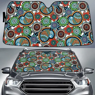 Multicolor Tropical Flowers Paisley Texture White Theme Car Sun Shades Cover Auto Windshield PrintSyde