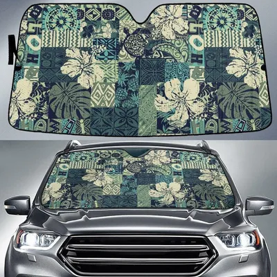 Hawaiian Hibiscus Flower And Monstera Leaf Vintage Pattern Green Tone Car Sun Shades Cover Auto Windshield PrintSyde