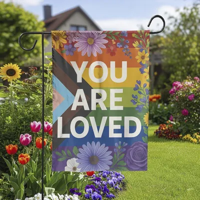 You Are Loved Rainbow Flag, Lgbtq+ Pride Floral Garden Banner, Vibrant Pride Flag With Flowers, Positive Outdoor Decor Vertical Garden Flag