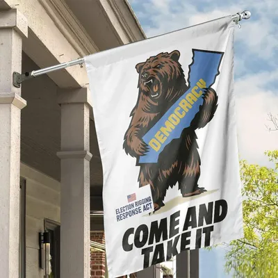 Election Rigging House Flag, Aggressive Bear Holding Democracy, Come And Take It Message, Bold Political Statement Banner Vertical House Flag