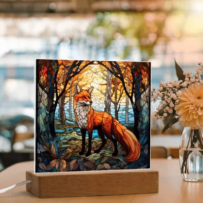 Fox In The Woods Faux Stained Glass - Gift For Animal Lover Decoration For House LED Fox Nightlight - Acrylic Square Plaque