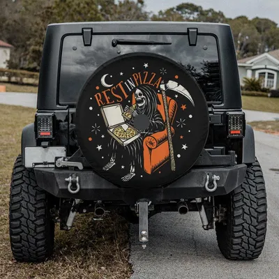 Funny Rest In Pizza Skull Skeleton Halloween Spare Tire Cover Thickening Leather Universal Fit Spare Tire Cover