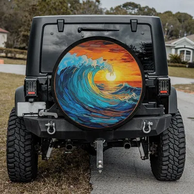 Boho Ocean Waves Spare Tire Cover, Rising Sun And Beach Design, Sunrise Sunburst Theme, Coastal Bohemian Style, Relaxing Car Accessory Gift For Ocean Lovers Spare Tire Cover