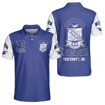 Phi Beta Sigma Polo Polo Shirt, Fraternity Crest Design, Dove Torch Book Symbols, 1914 Founding Year, Blue White Style