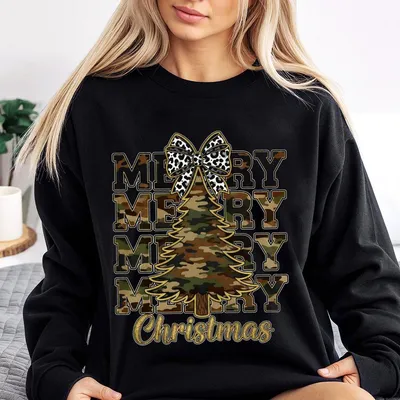 Merry Christmas Camo Trees Brushstroke Sweatshirt, Rustic Hunting Leopard Coquette Bow Sweatshirt, Xmas Gifts For Camo Lovers