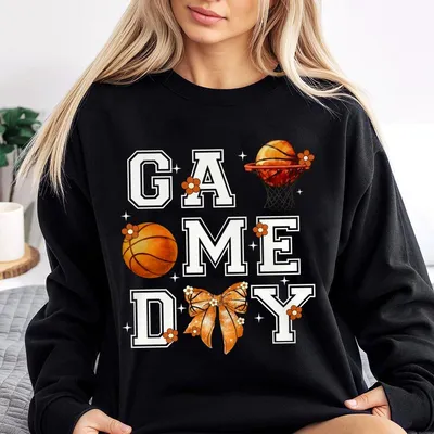 Game Day Basketball Sweatshirt,Retro Coquette Bow Graphic Top,Girly Sports For Women,Cute Basketball Mom Gift