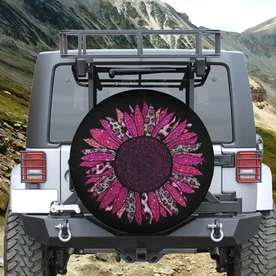 Spare Tire Cover With Hot Pink Sunflower, Hot Pink Cheetah Sunflower Wheel Cover, Sunflower Tire Cover For Jeep, For Bronco, Hot Pink Car Spare Tire Cover