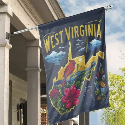 West Virginia House Flag, Cardinal And Black Bear Design, Scenic Mountains And Bridge, State Pride Banner With Flowers Vertical House Flag