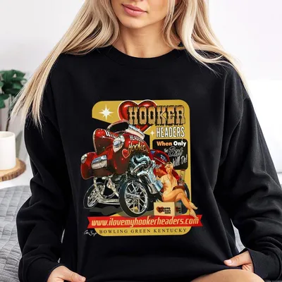 Hooker Headers Pin-Up Hot Rod Sweatshirt – Vintage Car Graphic Sweatshirt For Men; Women, Classic Muscle Car Gift, Retro Streetwear Style