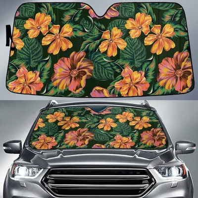 Dry Orange Hawaiian Hibiscus Flower Green Leaf Car Sun Shades Cover Auto Windshield PrintSyde