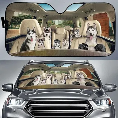 Siberian Husky Family Car Sun Shade, Funny Dog Car Sunshade