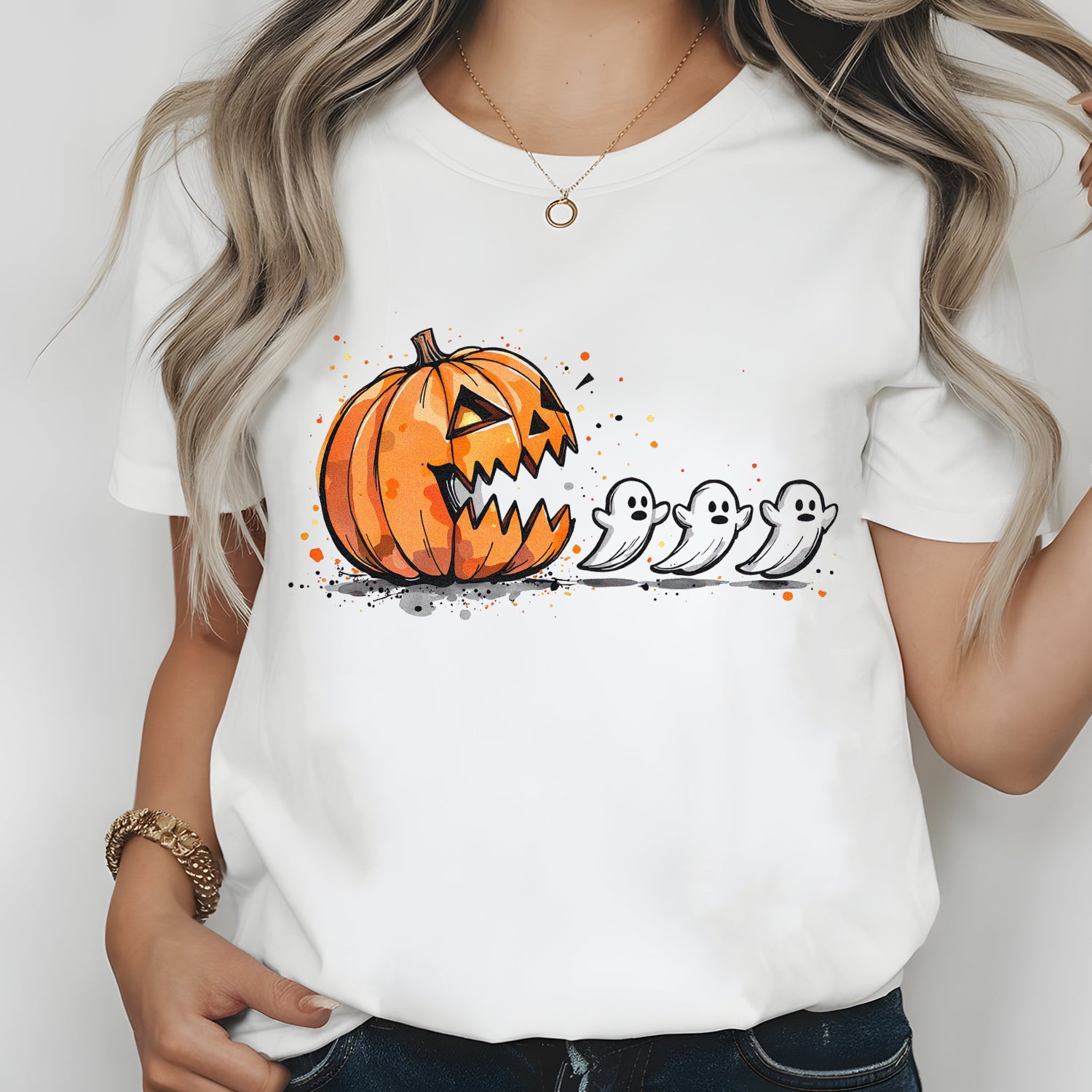 Trendy Halloween T-Shirt – Pumpkin Chasing Ghost Graphic Tee