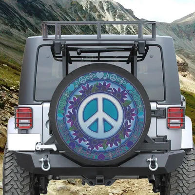 Peace Symbol Floral Spare Tire Cover, Colorful Hippie Art, Boho Blue And Purple Peace Sign Design, Retro Vibe Decoration Spare Tire Cover