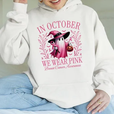 In October We Wear Pink Hoodie Women Halloween Pink Graphic Breast Cancer Fall Hoodie