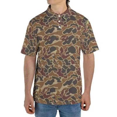 Brown Camo Polo Polo Shirt, Classic Camouflage Pattern Polo For Men, Military Style Casual Outdoor Polo Shirt
