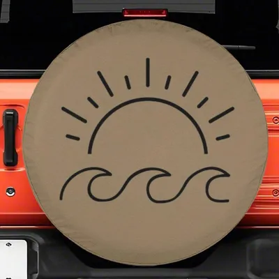Minimalist Sun And Waves Spare Tire Cover, Boho Beach Ocean Line Art, Aesthetic Nature Vibe, Backup Camera Hole Option, Universal Fit Suv Spare Tire Cover