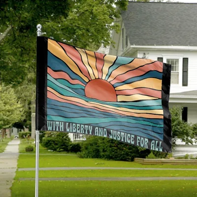 Sunset Liberty American House Flag, Patriotic Ocean Art With “With Liberty And Justice For All” Quote Horizontal House Flag