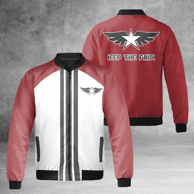 Keep The Faith Star Wing Bomber, Bold Red White And Black Design, Perfect For Motivational Street Style And Daily Wear Bomber Jacket