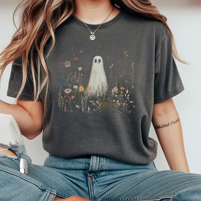 Cute Ghost in Wildflowers Tee,Retro Halloween Floral Shirt,Spooky Fall Aesthetic Outfits