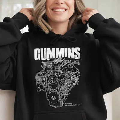 Cummins Engine Graphic Hoodie For Gearheads & Diesel Lovers, Bold Mechanical Print, Perfect Unisex For Truck Meets & Garage Wear