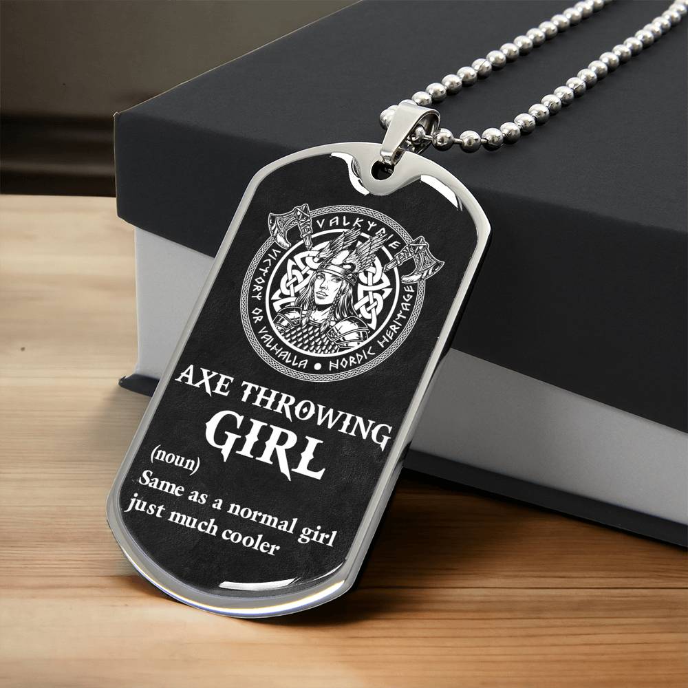 Axe Throwing Girl - Premium Dogtag - Army Tag Necklace, Dog Tag