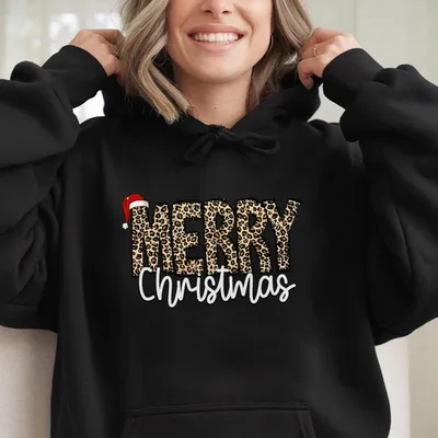 Christmas Hoodie, Merry Christmas Hoodie, Leopard Printed Christmas  Hoodie