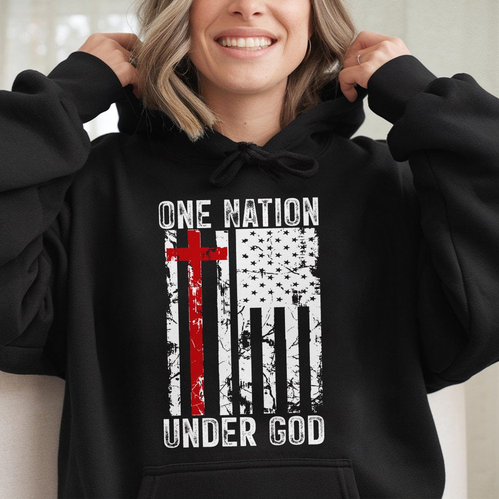 Christian Patriotic Hoodie Unisex Hoodie With American Flag And Cross One Nation Under God Religious Hoodie