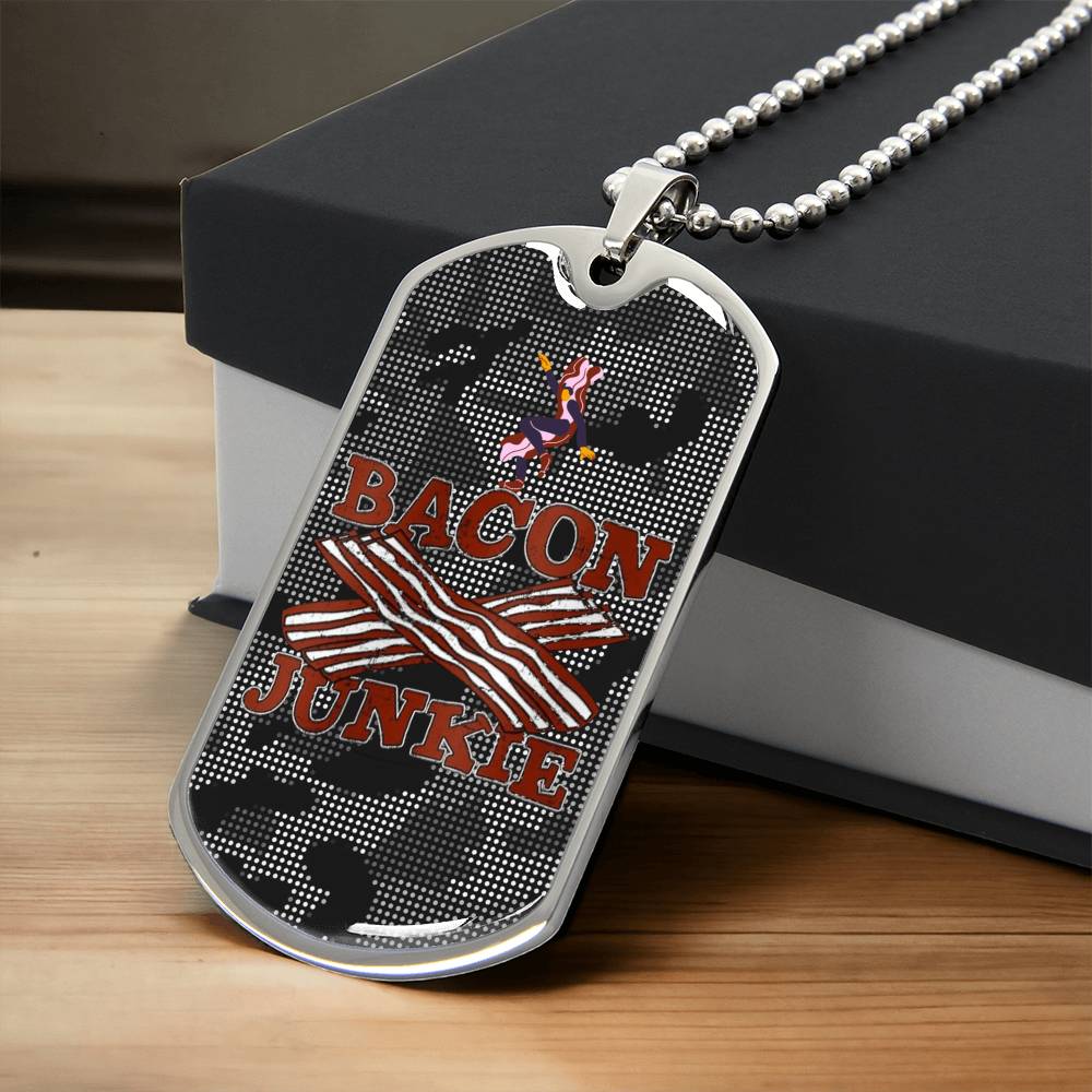 Funny Bacon Junkie Bacon Lover Carbon Fiber Camo Dog-Tag Necklace - Army Tag Necklace, Dog Tag