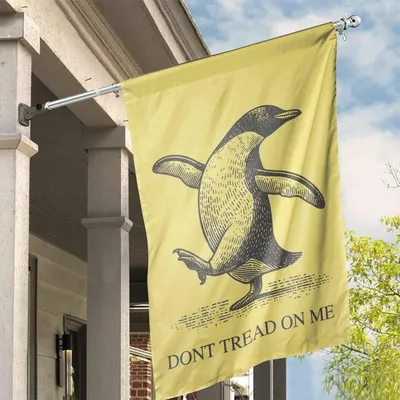 Don’T Tread On Me House Flag, Penguin Parody Design, Vintage Engraving Style, Humorous Twist On Gadsden Symbol Vertical House Flag