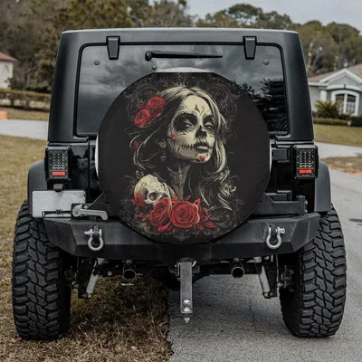 Calavera Skull Girl Spare Tire Cover, Red Roses Gothic Wheel Protector, Waterproof Vinyl, Universal Fit Accessory Spare Tire Cover