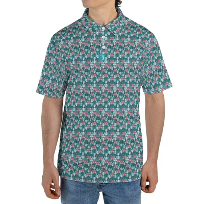 Teal Red Geometric Pattern Polo Polo Shirt, Retro Micro Print Design, Modern Casual Golf Polo For Men