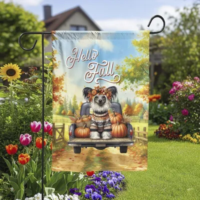 Vertical Garden Flag Hello Fall Dog Pumpkin Truck Autumn Seasonal Decor Double-Sided Vertical Garden Flag
