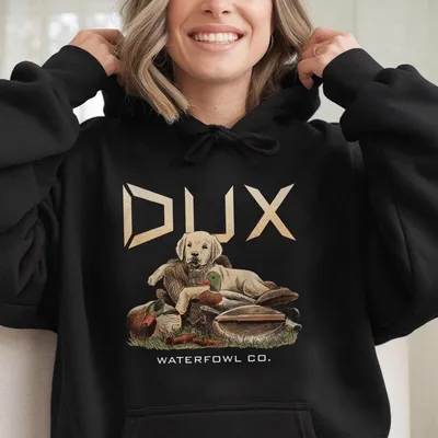 Dux Hunting Hoodie – Vintage Duck Dog & Waterfowl Scene, Perfect For Rustic Outdoorsmen & Country Duck Hunt Fans
