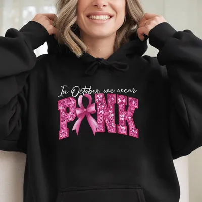 Breast Cancer Sparkle In October We Wear Pink Ribbon Graphic, Trending Hoodie, Graphic Print, Casual Streetwear