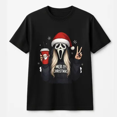Horror Christmas T-Shirt  Scary Mask Girl In Santa Hat Graphic  Funny Holiday Streetwear Outfit Cozy Unisex