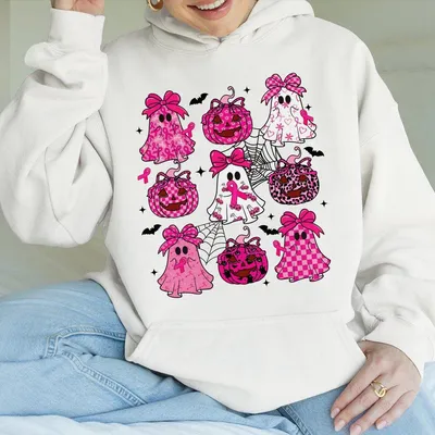 October We Wear Pink Hoodie Breast Cancer Hoodie Halloween Pink Ghost Coquette Hoodie Preppy Pumpkin Hoodie