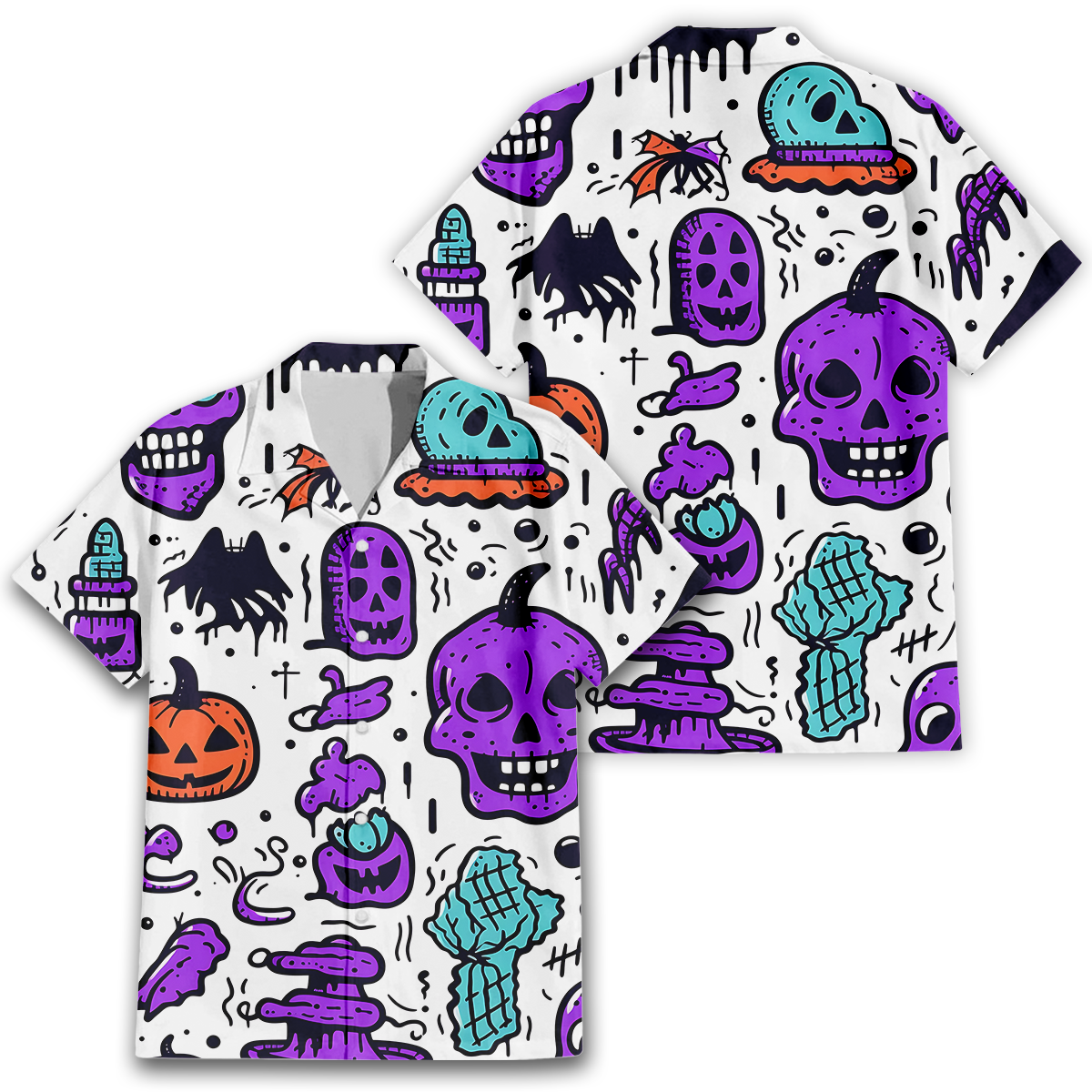 Risograph Halloween Hawaiian Shirt - Seamless Retro Pattern
