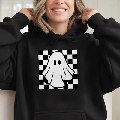 Checkered Ghost Hoodie, Ghost Checkered Hoodie, Cute Ghost Hoodie, Cute Halloween Preppy Halloween Hoodie For Woman