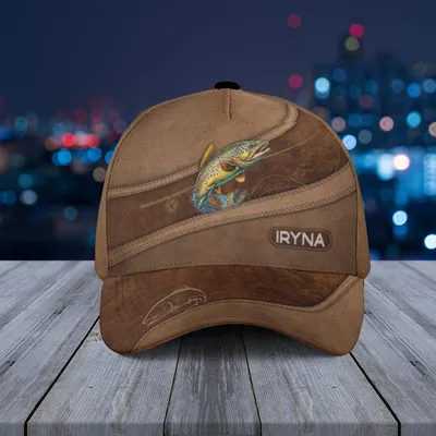 Personalized Fishing Baseball Cap Brown Leather Trout Design Outdoor Enthusiast Baseball Cap