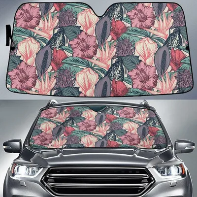 Bird Of Paradise And Chinese Hibiscus Flower Hand Drawing Style Car Sun Shades Cover Auto Windshield PrintSyde