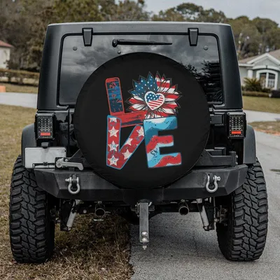 Patriotic Love Word Art Spare Tire Cover - Americana Heart Firework Graphic, 4th Of July Celebration Decor, Universal Waterproof Tire Protector Spare Tire Cover