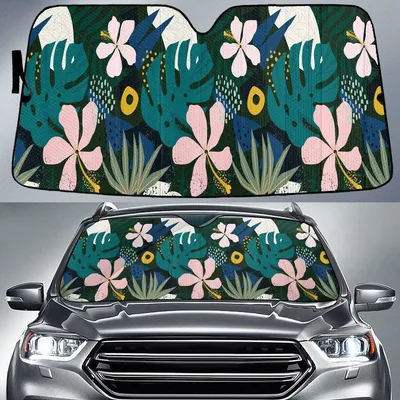 Pink Hawaiian Hibiscus Flower Over Monstera Leaf Colorful Hand Drawing Car Sun Shades Cover Auto Windshield PrintSyde