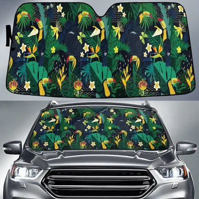 Flamingo And Bird Of Paradise Flower Green Monstera Leaf Car Sun Shades Cover Auto Windshield PrintSyde