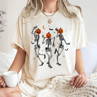 Dancing Skeleton Pumpkin Shirt,Unisex Retro Halloween Tee,Cute Spooky Season Fall Shirt