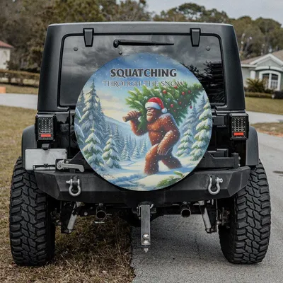 Bigfoot Christmas Spare Tire Cover, Funny Holiday Sasquatch Wheel Cover With Backup Camera Hole, Festive Christmas Car Accessories For Winter Season Spare Tire Cover