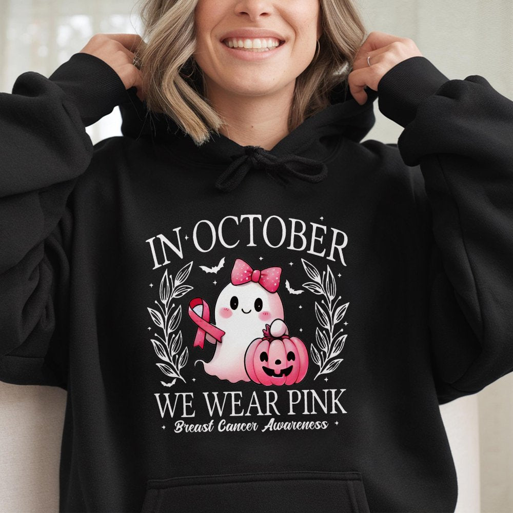 In October We Wear Pink Ghost Hoodie Breast Cancer Awareness Hoodie Halloween Ghost Hoodie Cancer Pink Ribbon Hoodie Cut