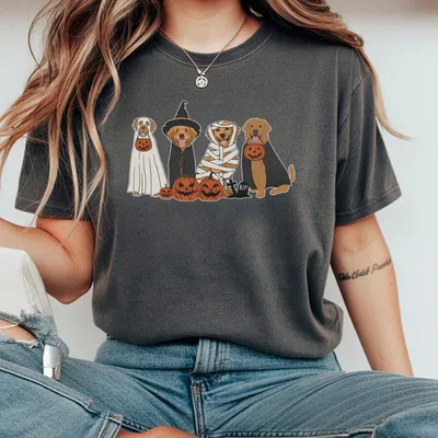 Made In Usa Trick Or Treat Pups T-Shirt Or T-Shirt Cute Halloween Dog Print Casual Round Neck Trendy Women'S Fall T-Shirt